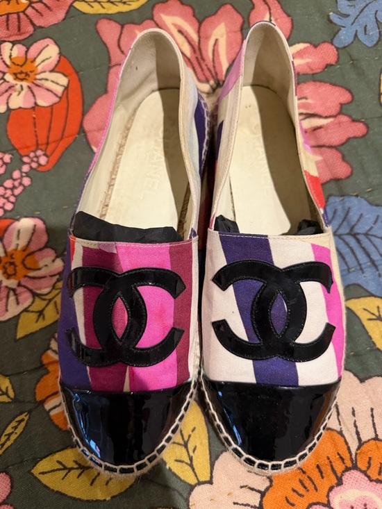 CHANEL Shoes - Authentic Chanel Multicolor Fabric Espadrilles Patent Black Toe Flat Size 39